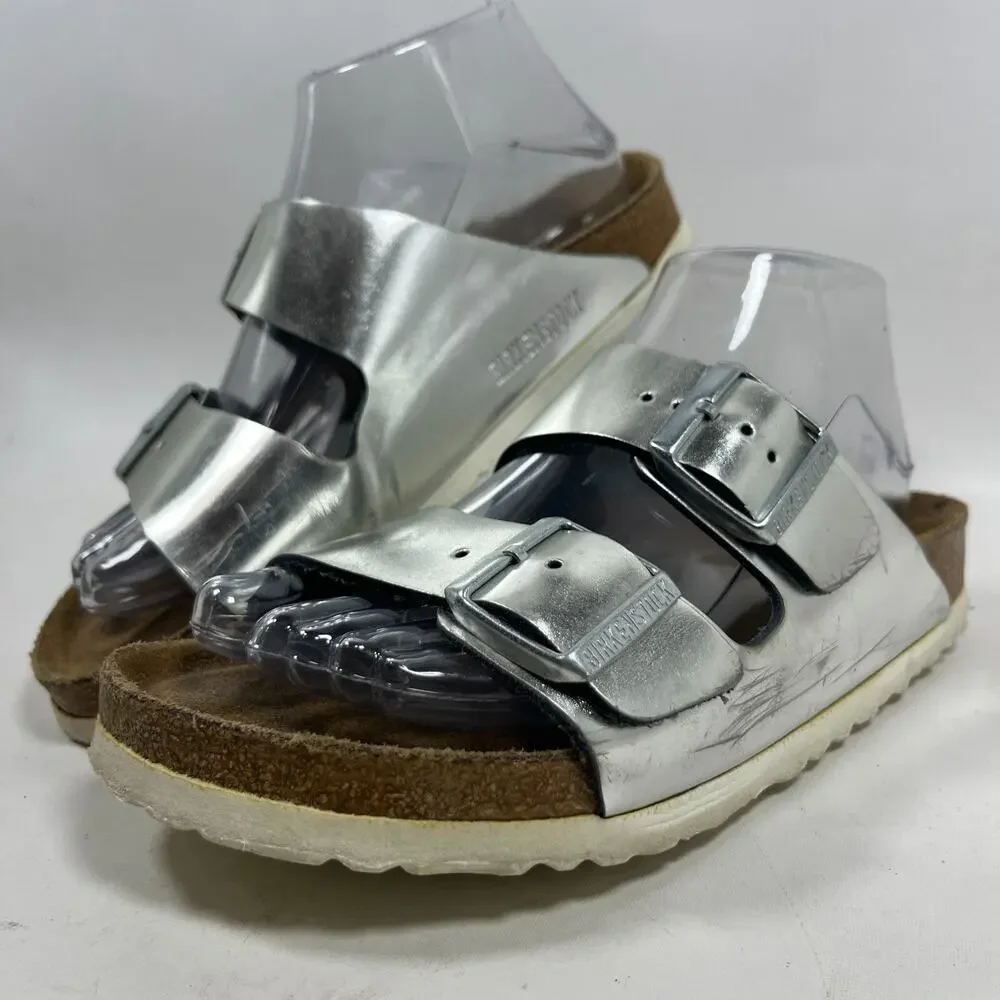 BIRKENSTOCK Sandals 38 L7 M5 Narrow Arizona Birko-Flor Electric Metallic Silver